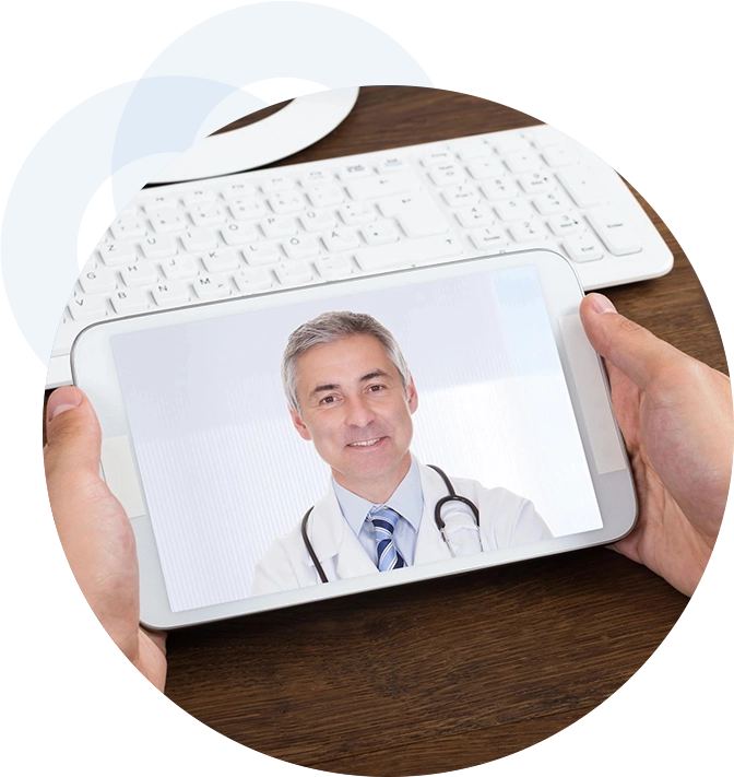 A person holding up a tablet with a picture of a doctor on it.